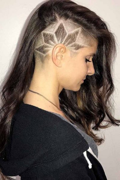 Half Shaved Head Hairstyle with Tattoo for Girls