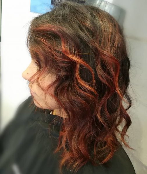 brown hair with red highlights for curled hair