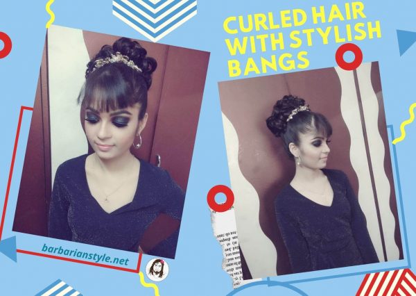 curled hair with stylish bangs