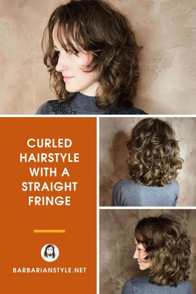 curled hairstyle with a straight fringe