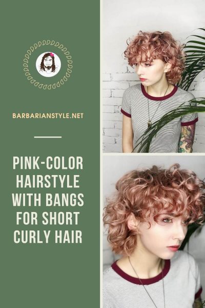 pink-color hairstyle with bangs for short curly hair