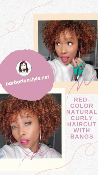 red-color natural curly haircut with bangs