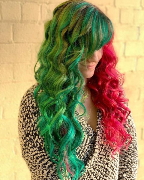 Long Curled Green-Red Hair with Bangs