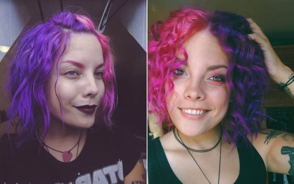 Short Curled Style for Bright Pink-Violet Hair