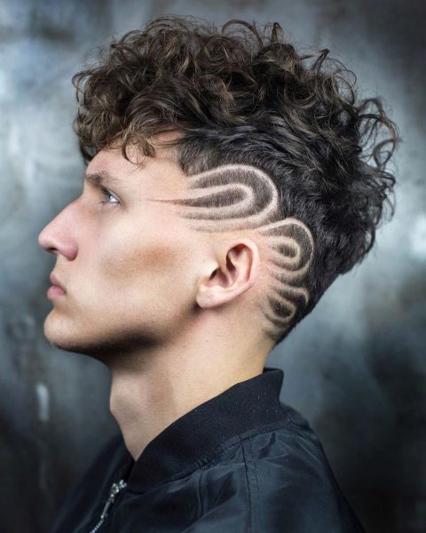 Curly Top Undercut with Design Lines - left side view