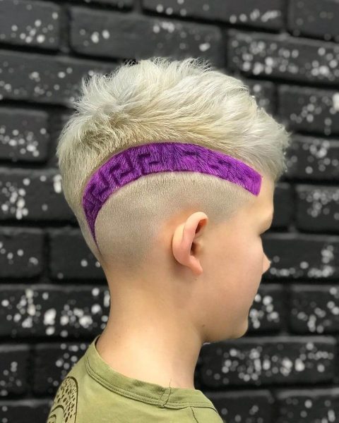 Messy Haircut with Violet Line Design for Teen Boys - side view