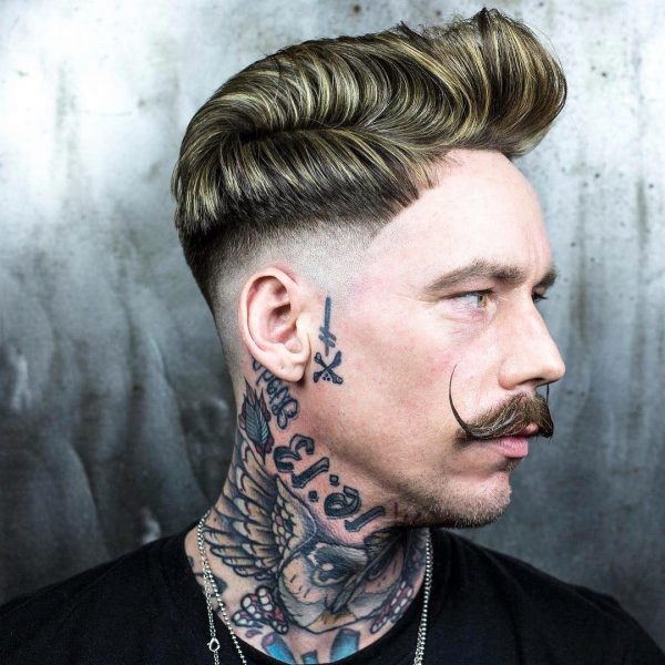 Pompadour Haircut with Medium Fade and Moustache - side view