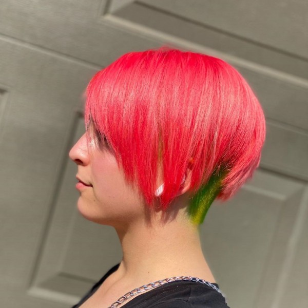 A red color pixie hairstyle.