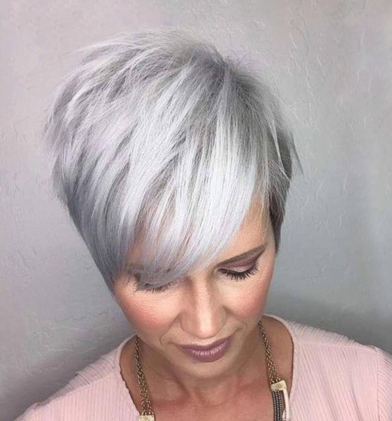 A silver pixie hair style.