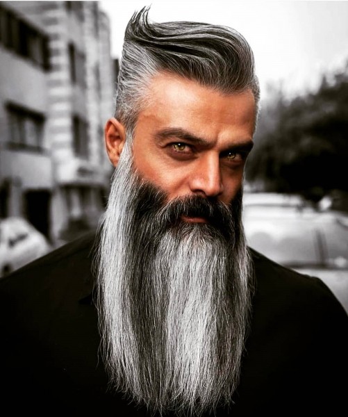 A long salt and pepper beard for trendy look.