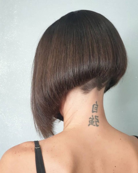 A bob haircut with a shaved back.