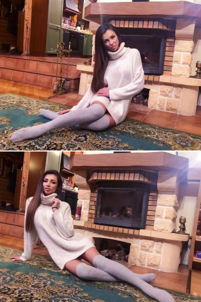 Julia near the fireplace and white sweater