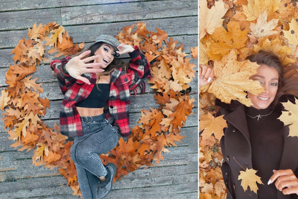 Julia with long wavy brown hair and heart of fallen maple leaves