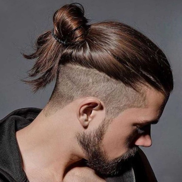 A male bun hairstyle with a ponytail.