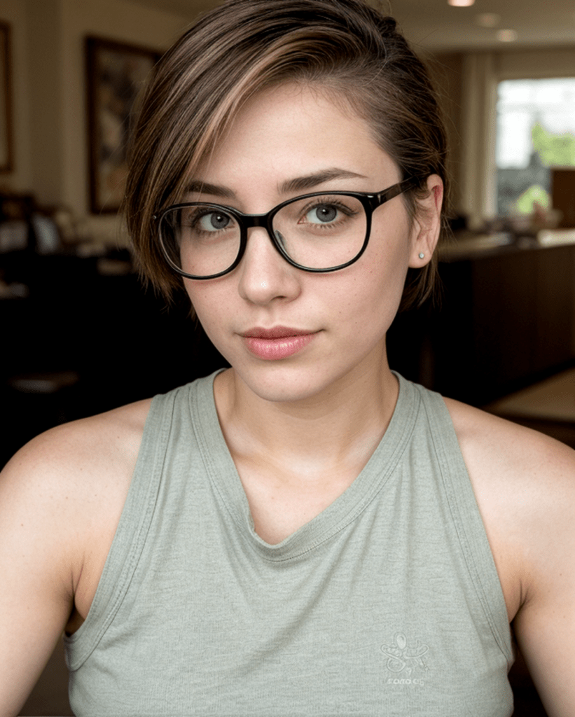 Woman with short layered haircut and side part, casual chic short hairstyle with glasses, June 2025